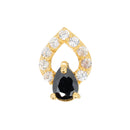 Yellow gold push pin earring with a hollow teardrop with white CZ accents, and a black CZ prong set teardrop accent stone at the bottom.