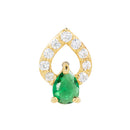 Yellow gold push pin earring with a hollow teardrop with white CZ accents, and a green CZ prong set teardrop accent stone at the bottom.