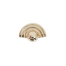 Yellow gold push pin earring with a gold bead center and three gold half circle accents.
