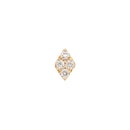 Yellow gold push pin earring in a diamond shape with four prong set round white diamonds.