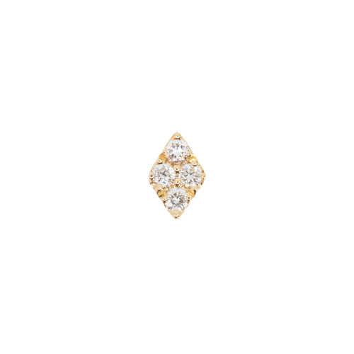 Yellow gold push pin earring in a diamond shape with four prong set round white diamonds.