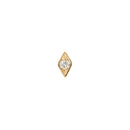 Yellow gold diamond shape push pin earring with a prong set round white diamond in the center.