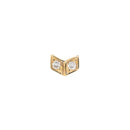 Yellow gold push pin earring with two gold diamond shapes. Each shape has a prong set round white diamond in the center.