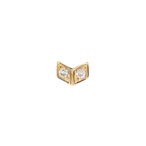 Yellow gold push pin earring with two gold diamond shapes. Each shape has a prong set round white diamond in the center.