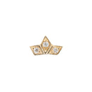 Yellow gold push pin earring with three gold diamond shapes. Each shape has a prong set round white diamond in the center.