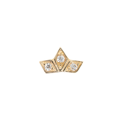 Yellow gold push pin earring with three gold diamond shapes. Each shape has a prong set round white diamond in the center.