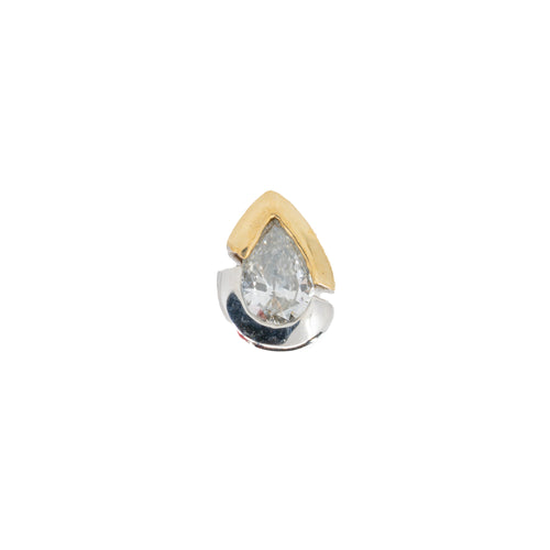 Yellow gold and white gold two tone  teardrop push pin earring with a pear shaped white diamond.