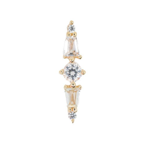 Yellow gold push pin earring created with three round white sapphires and two tapered white sapphire baguettes. The gems are linear and connected with yellow gold beads.