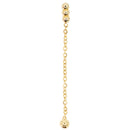 Yellow gold push pin earring with three gold beads set vertically and a chain accents with a single gold bead at the end.