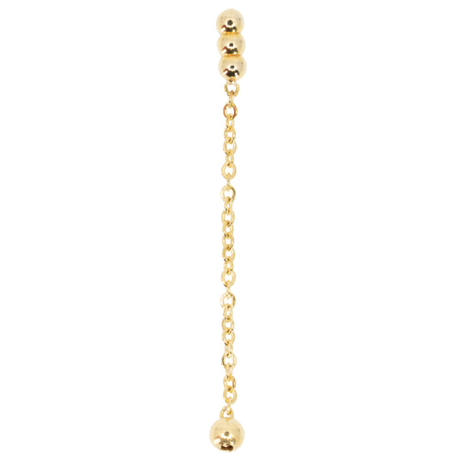 Yellow gold push pin earring with three gold beads set vertically and a chain accents with a single gold bead at the end.