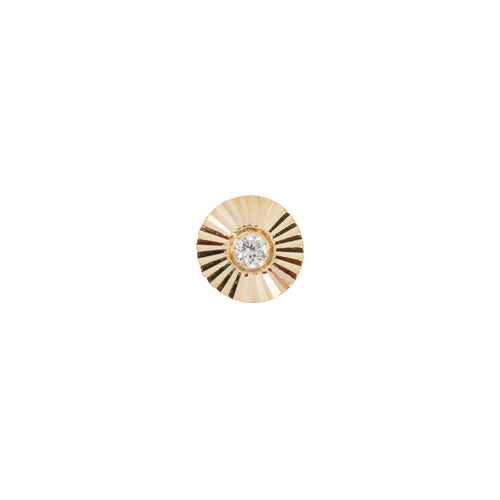 Yellow gold push pin earring created with a laser engraved disk with a bezel set round white diamond.
