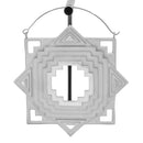 An extra large single stainless steel hoop earring with a geometric design and a cut out in the center and in the four corners.