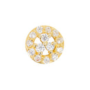 Yellow gold push pin earring with a hollow ring with white round CZ accents and three prong set larger CZ's in the center.