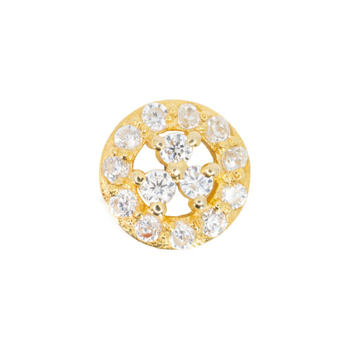 Yellow gold push pin earring with a hollow ring with white round CZ accents and three prong set larger CZ's in the center.