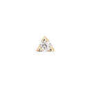 Yellow gold push pin earring that is triangle shaped with a clear round diamond center.