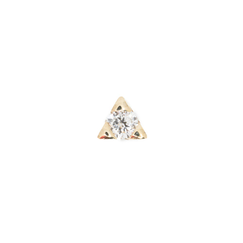 Yellow gold push pin earring that is triangle shaped with a clear round diamond center.