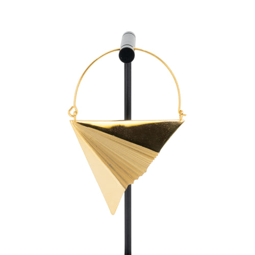 A single yellow gold plated hoop earring in the design of a paper airplane.