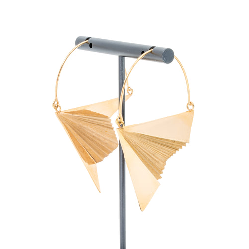 A pair of rose gold plated hoop earrings in the design of a paper airplane.