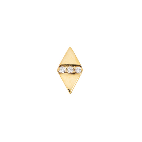 Yellow gold push pin earring consisting of two triangles connected with a row of 3 round white diamonds. 