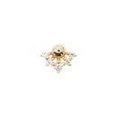 Yellow gold push pin earring consisting of a gold bead with five prong set round white diamonds underneath.