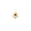 Yellow gold push pin earring with one gold bead and three prong set round white diamond accents.